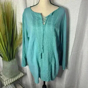 Lauren Ralph Lauren Womens XL Teal Knit Long Sleeve Tunic w/Tassels Peasant Top